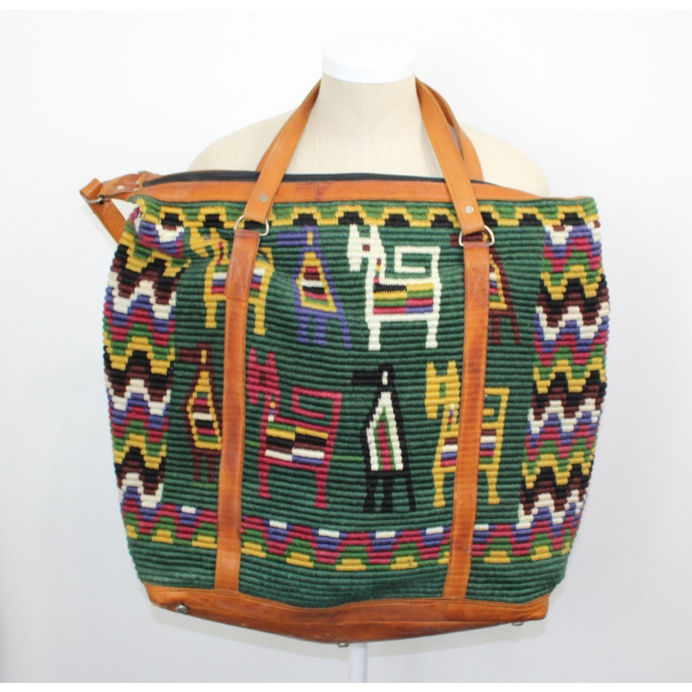 Vintage Handmade Woven Tote Bag Leather Trim Boho Guatemala Alpaca Wool Travel - Picture 3 of 14